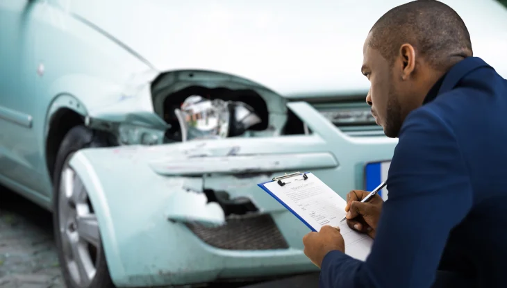 Male insurance adjuster checks the damage on a car after a car accident in Georgia.