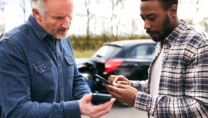 Older Caucasian man and young African American man exchange car insurance information after an accident.