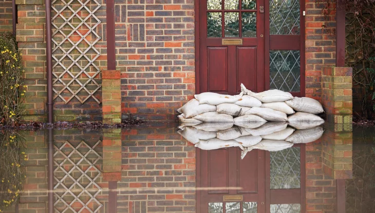 Flooded home with sand bags in front of door.