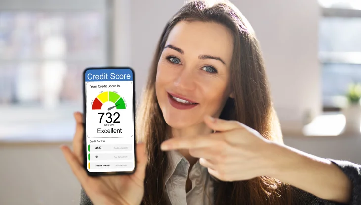 Woman showing off an excellent credit score to lower auto insurance.