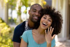 Woman showing the engagement ring that the man has just given her - Velox, cheap auto insurance in Georgia