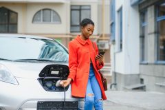 A young female charges up her electric vehicle - cheap insurance in Atlanta, GA.