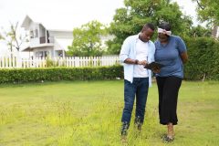 A couple stands in a field next to their high-end home - cheap home insurance in Georgia.