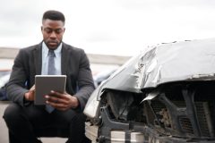 Male insurance underwriter examines a vehicle involved in an accident - cheap car insurance in Georgia.
