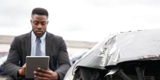 Male insurance underwriter examines a vehicle involved in an accident - cheap car insurance in Georgia.
