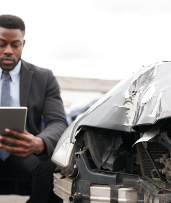 Male insurance underwriter examines a vehicle involved in an accident - cheap car insurance in Georgia.