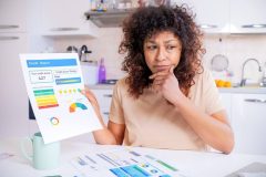 A woman is not happy about her low credit score she is holding on a colored print out.