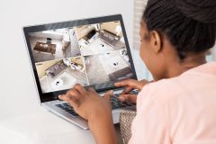 A woman monitors her home while on vacation through her laptop - cheap home insurance in Georgia.