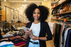 Smiling woman stands in her retail clothing shop - cheap business insurance in Georgia.