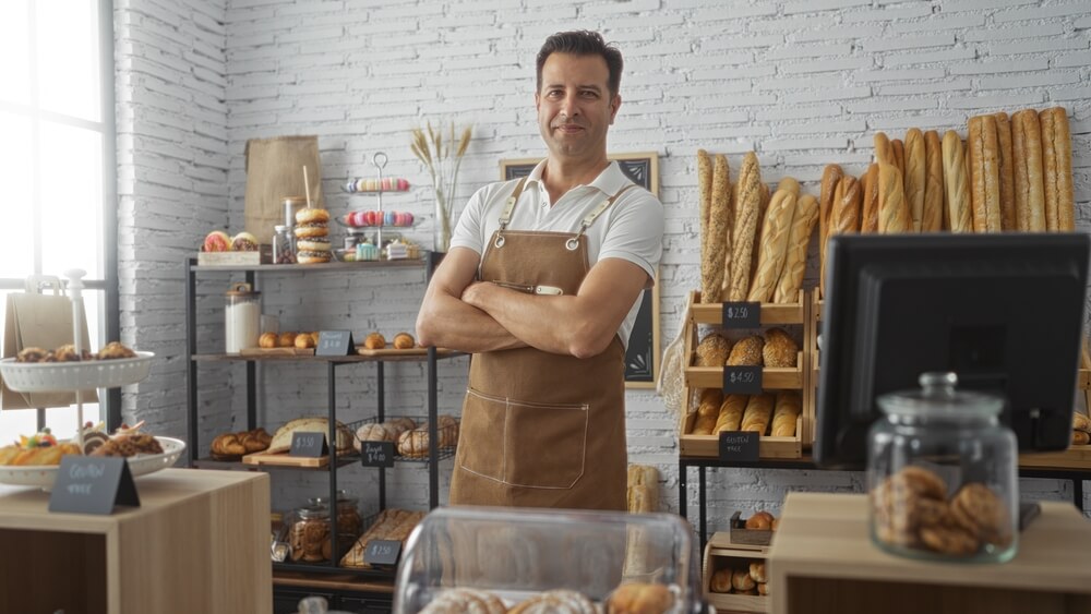 Middle-aged man standing confidently in a bakery shop with arms crossed and surrounded by shelves of fresh bread and pastries under natural indoor lighting, using the correct business insurance in Georgia to protect his business.