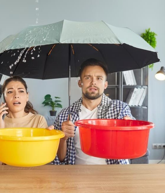 Water leak from ceiling due to roof damage or broken leaky plumbing in house of couple. Woman holding bucket and phone to call repair service, man with umbrella. Emergency, accident at home concept.