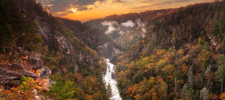 Aerial overlook of Tallulah Gorge in the Appalachian Mountains during autumn: Cheap car insurance in Calhoun, Georgia.
