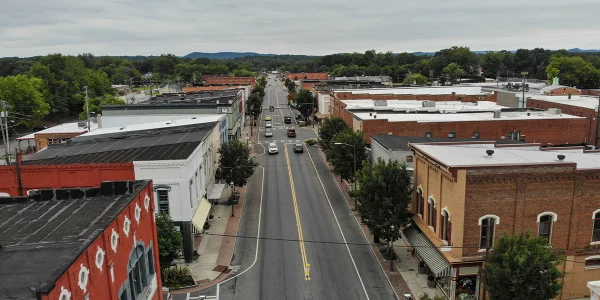 Aerial view of Main Street in Cedartown, Georgia Cheap car insurance in The Peach State.
