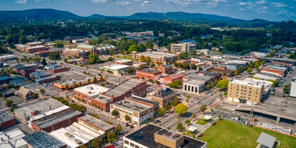 Aerial View of Downtown Dalton, Georgia during Summertime: Cheap car insurance in The Peach State.