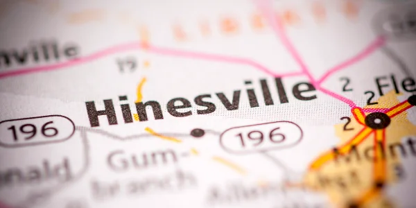 Hinesville, Georgia on a road map: Cheap car insurance in The Peach State.